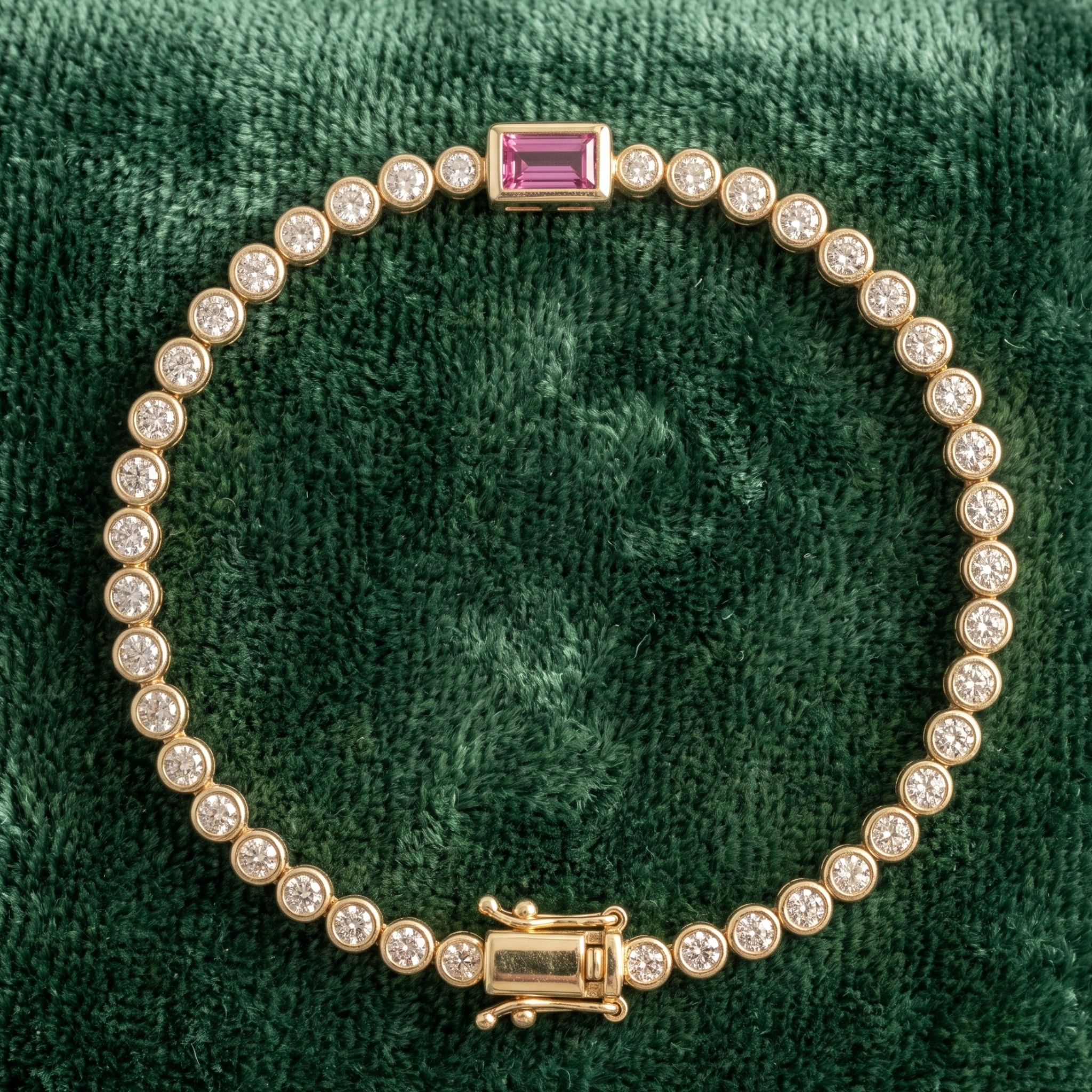 Kiashaa Jewellery 1.75 CTW diamond tennis bracelet with pink baguette center stone in yellow gold.