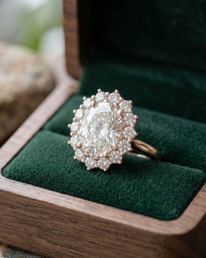 Rose gold oval-cut lab-grown diamond ring by Kiashaa Jewellery with a bold round diamond halo and slim band.