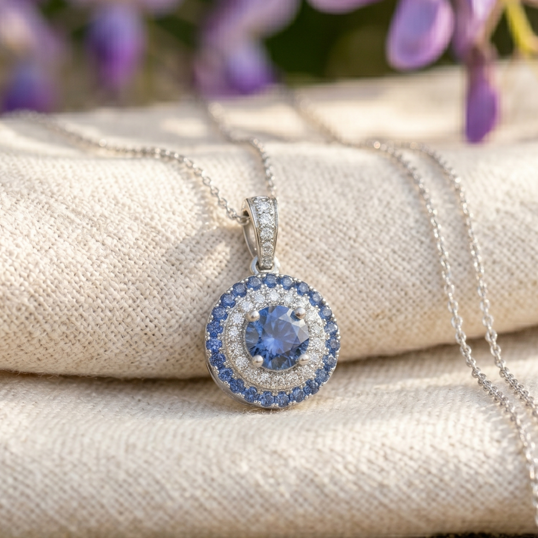 Royal Azure 1.30 CT Blue Stone & Diamond Halo Necklace in 9K, 14K & 18K Gold