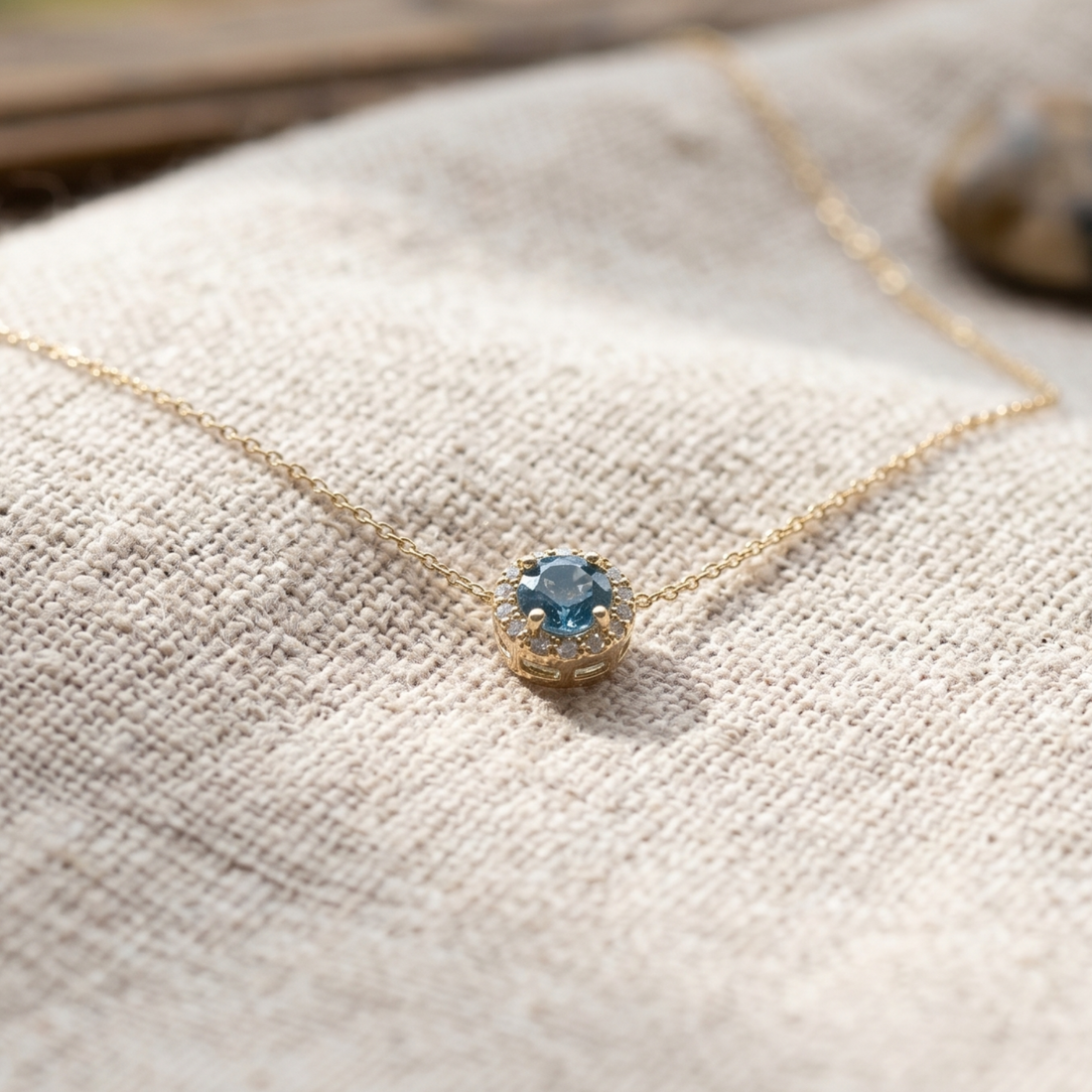 Azure Halo 1.12 CT Blue Gemstone & Diamond Necklace in 9K, 14K & 18K Gold