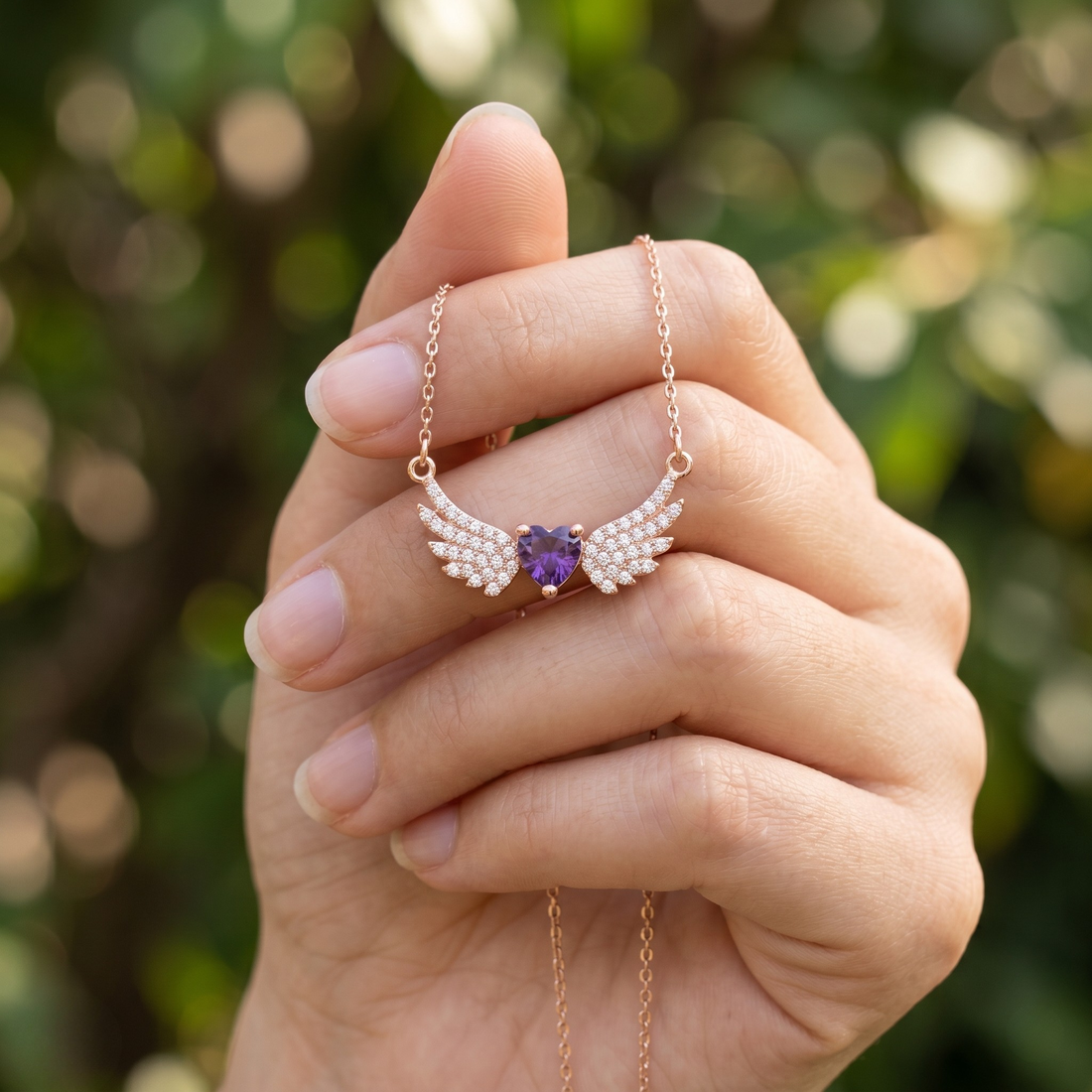 Purple heart gemstone angel wing pendant necklace in rose gold by Kiashaa Jewellery.