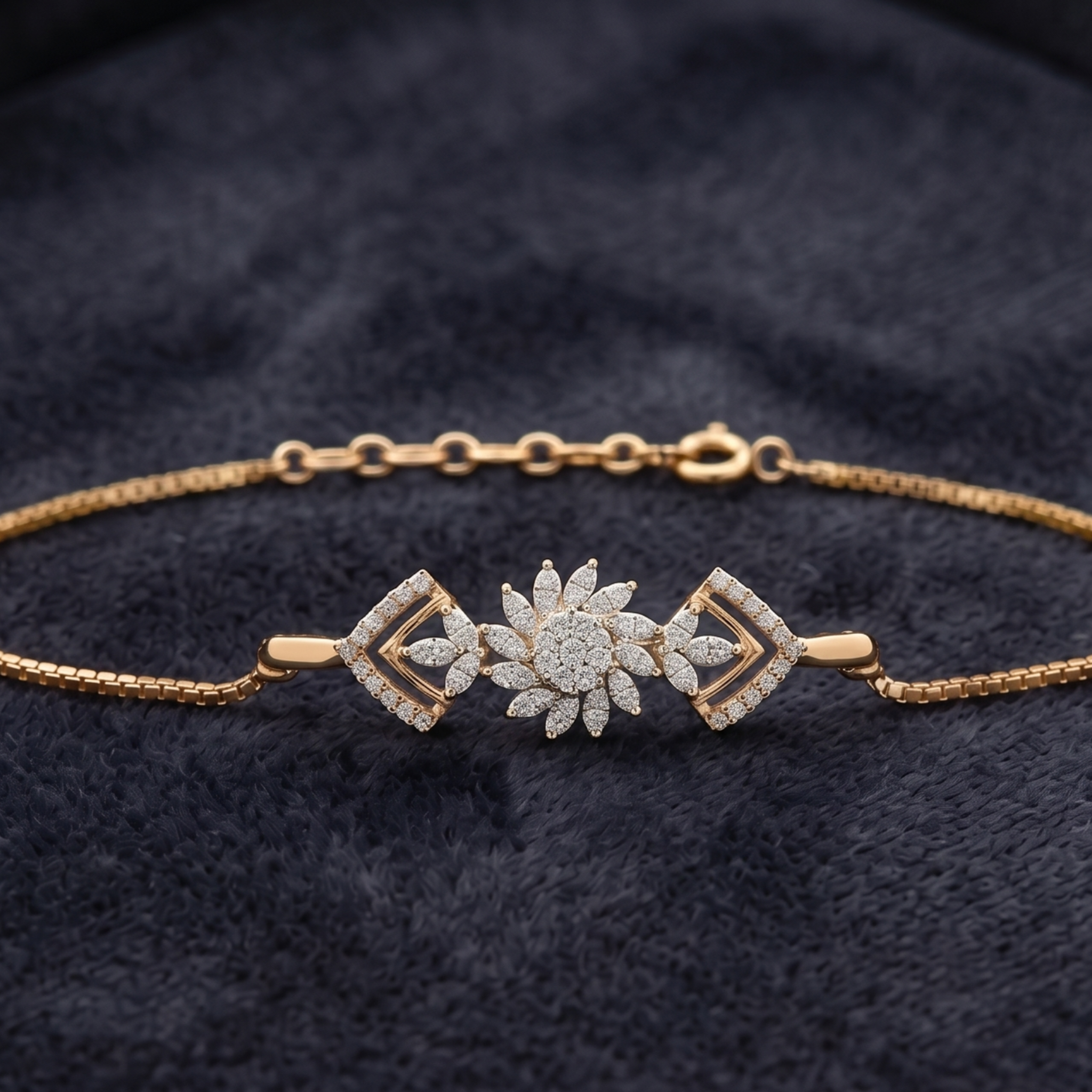 2 CT marquise and round diamond floral bracelet by Kiashaa Jewellery worn on a woman’s wrist.