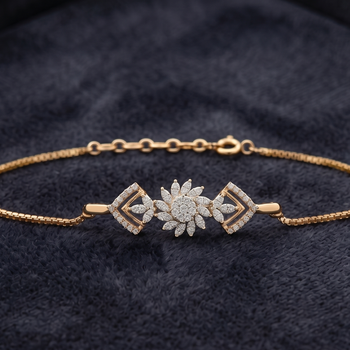 2 CT marquise and round diamond floral bracelet by Kiashaa Jewellery worn on a woman’s wrist.
