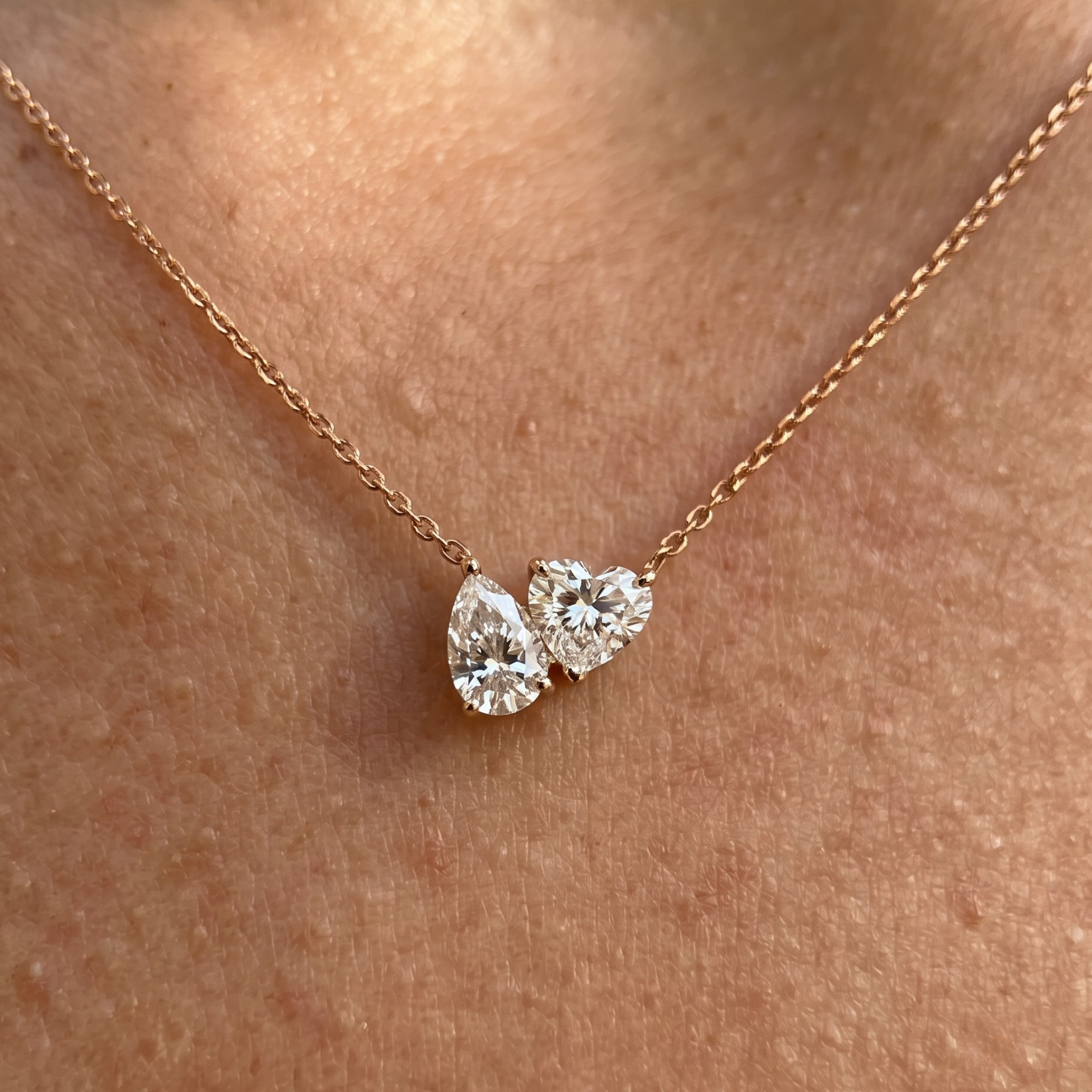 Kiashaa Jewellery 1.45 CTW pear and heart diamond necklace in polished yellow gold.