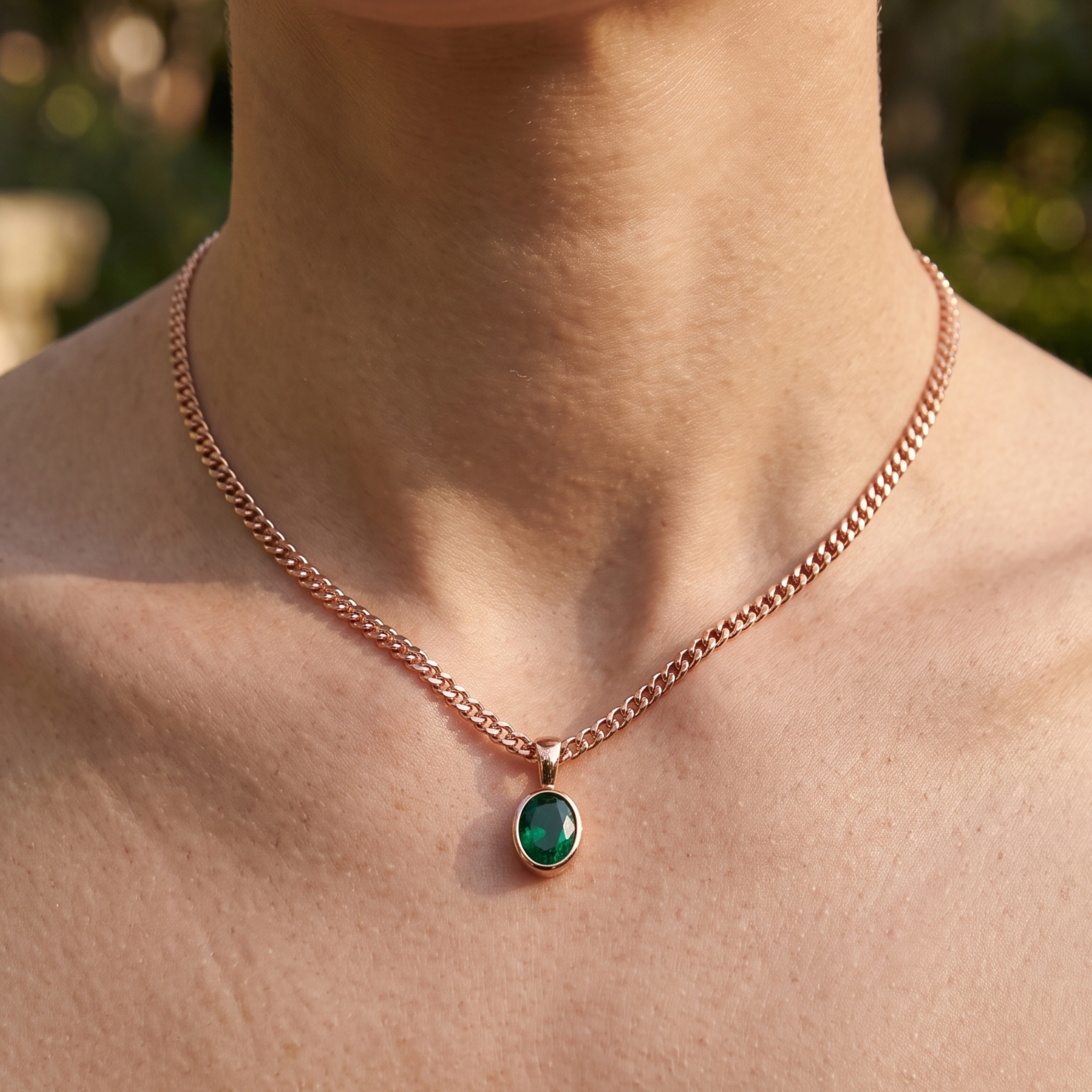 1.98 CT green oval gemstone pendant necklace with polished yellow gold Cuban chain.