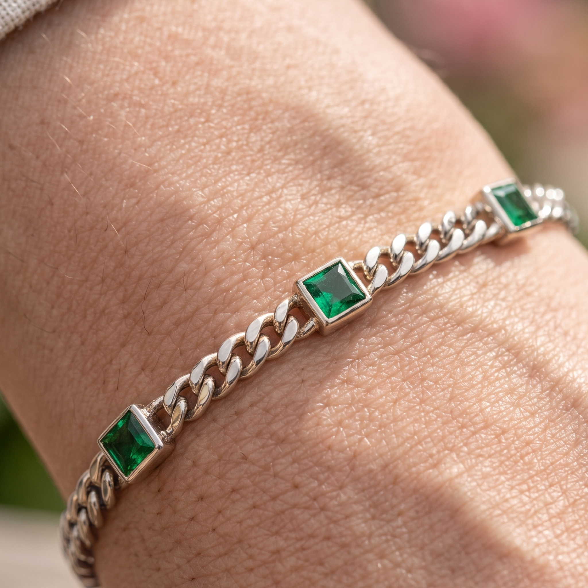 Kiashaa Jewellery 2.047 CTW green princess-cut Cuban bracelet in polished yellow gold.