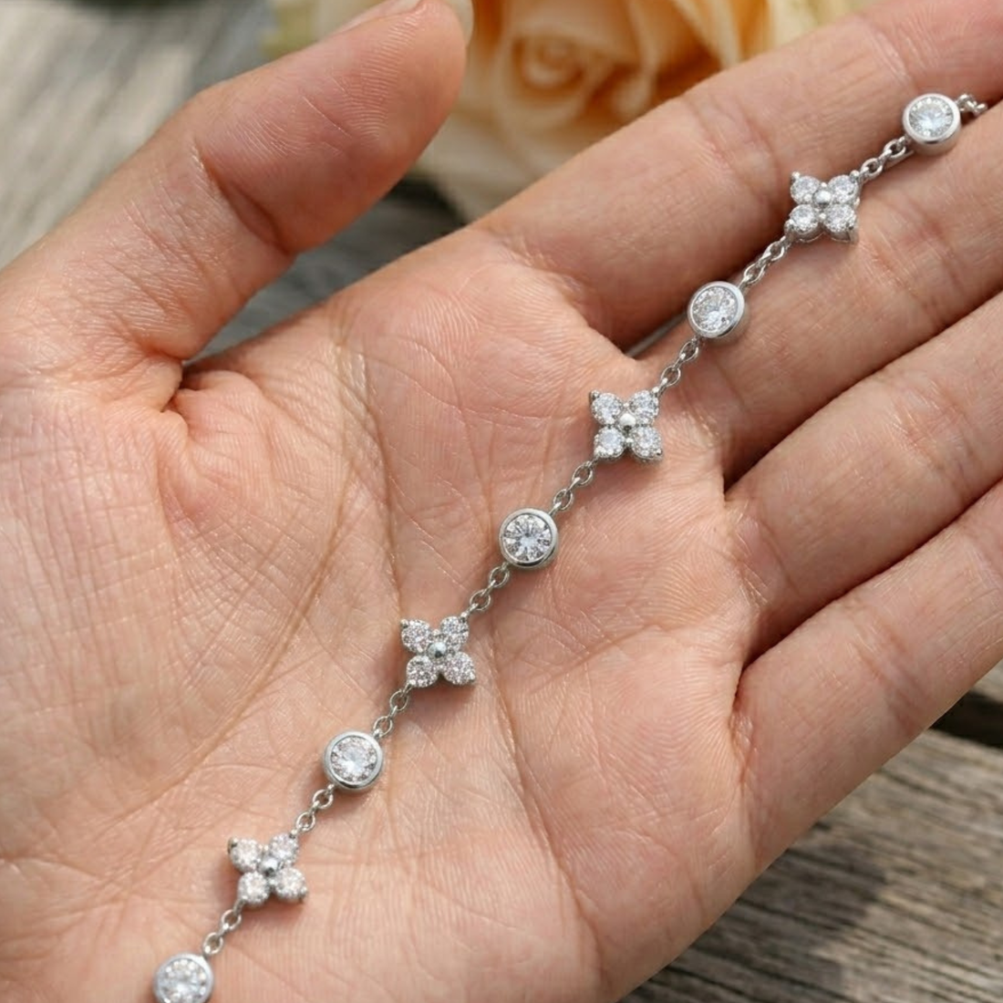1.11 CTW Floral Round Diamond Station Bracelet