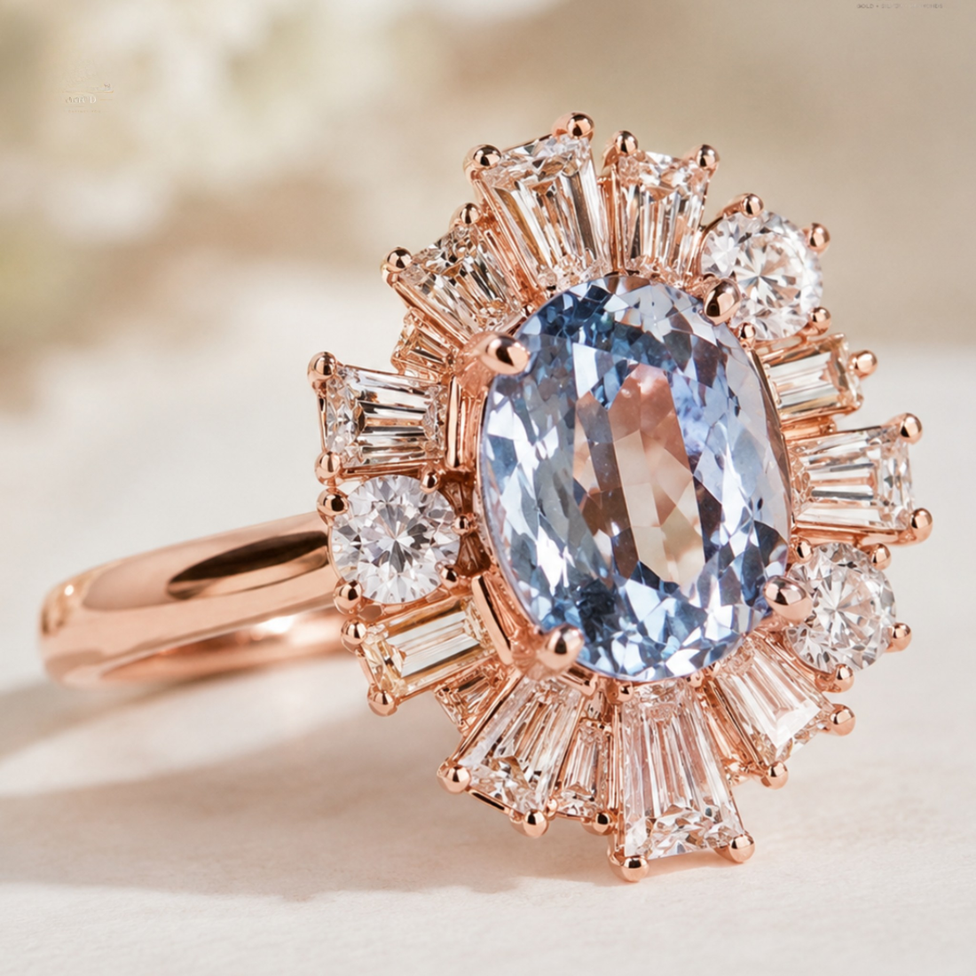 A rose gold ring featuring a large oval light blue center stone surrounded by baguette and round clear accent stones, shown in a close-up studio shot on a soft light background.