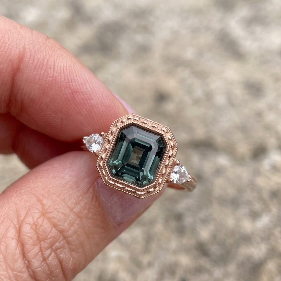 Verdant Regal 3.60 CTW Radiant Green Gemstone & Pear Diamond Ring