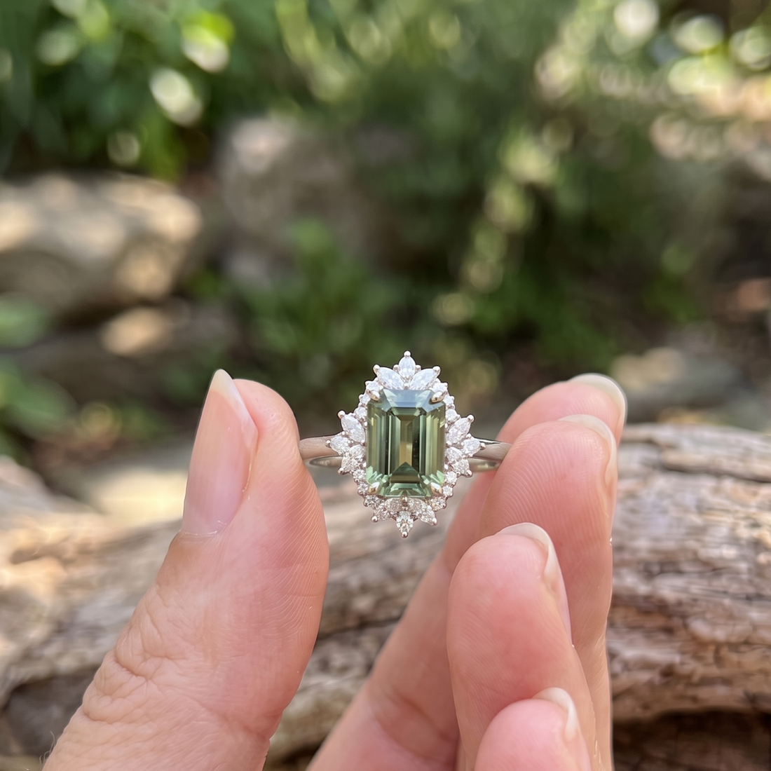 Verdant Majesty 4.372 CTW Emerald, Marquise & Round Diamond Halo Ring in 9K, 14K & 18K Gold