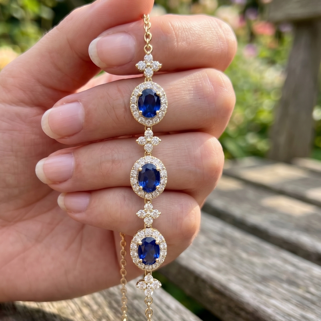 Royal blue oval gemstone bracelet with round lab-grown diamond halos by Kiashaa Jewellery.