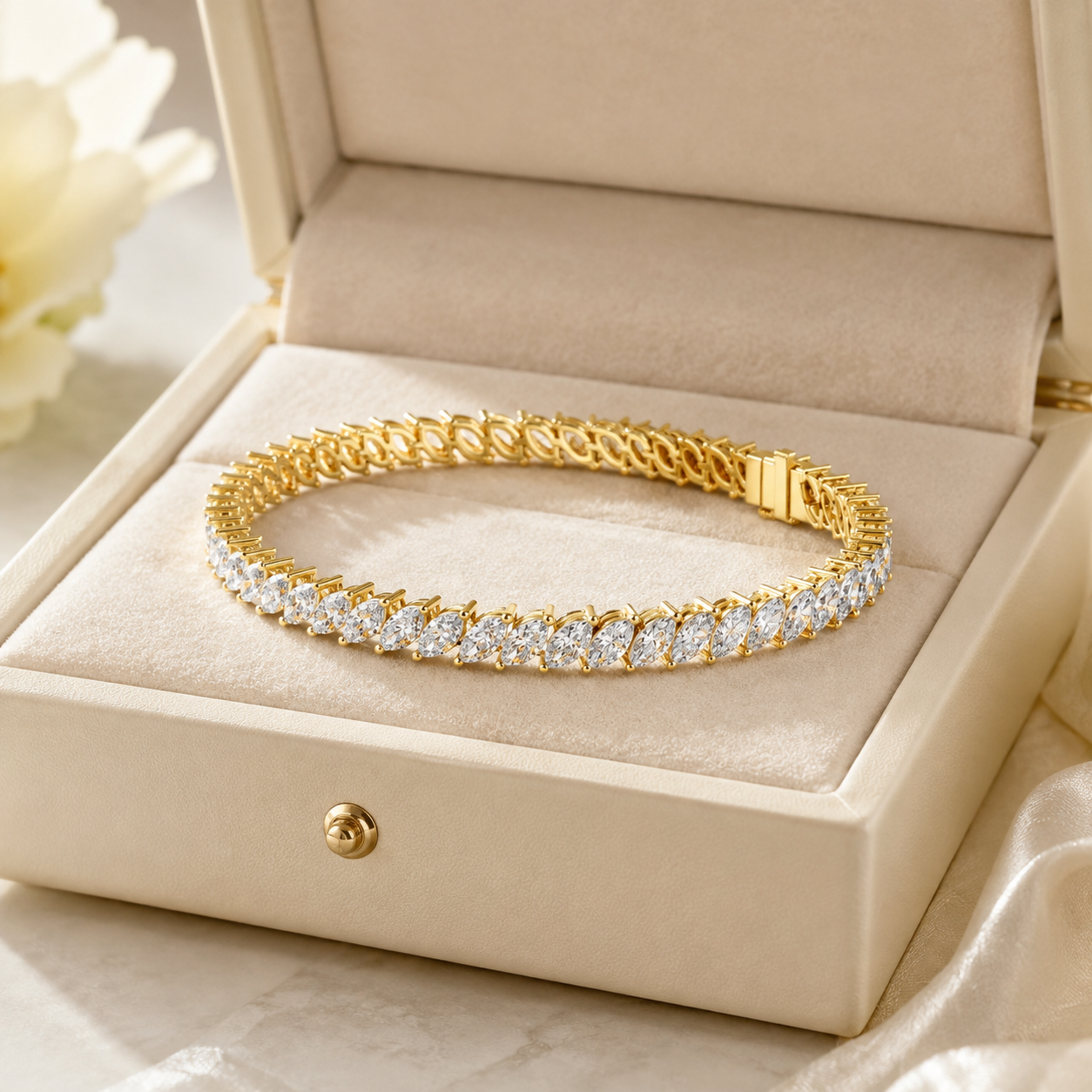 A gold tennis bracelet with clear stones, displayed inside an open beige jewelry box on a soft satin fabric background.