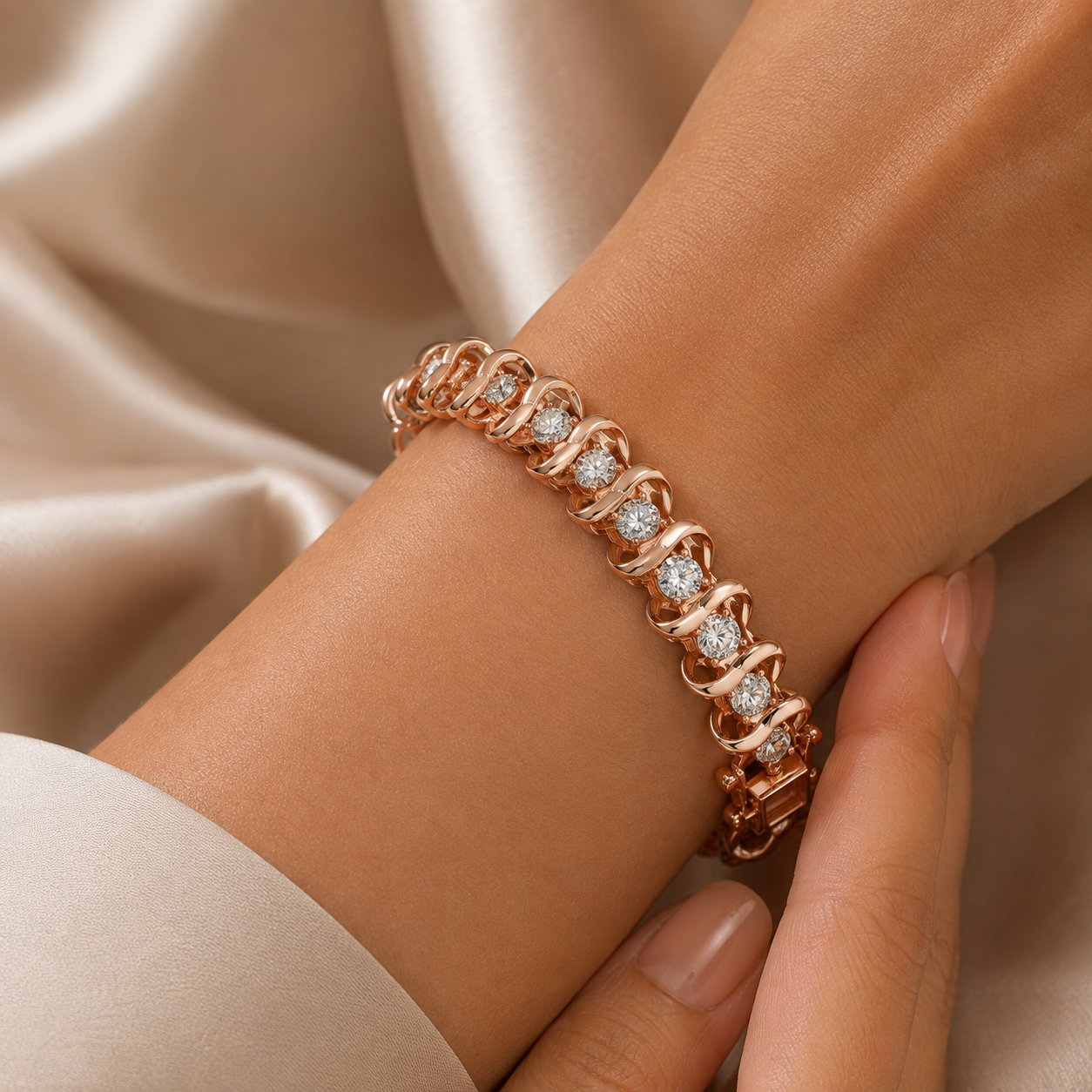 A close-up of a rose gold tennis bracelet with round-cut clear stones, worn on a woman's wrist against a soft beige satin fabric background.