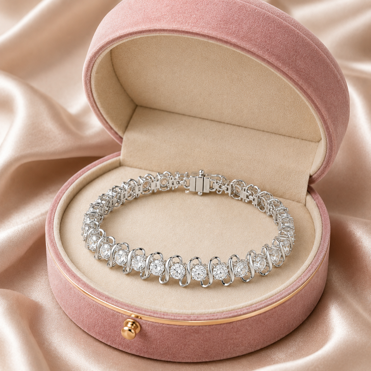 A tennis-style bracelet with clear gemstones in a silver-toned setting, displayed inside an open round pink jewelry box on a satin fabric background.