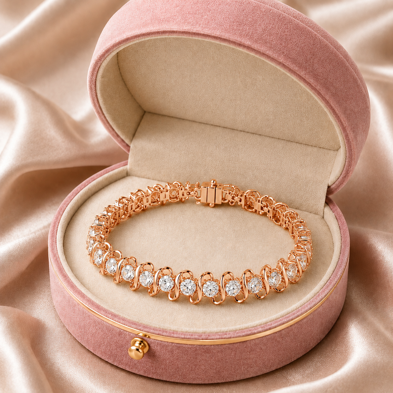 A rose gold tennis bracelet with clear round-cut gemstones, presented inside an open dusty pink velvet jewelry box on a draped satin fabric background.