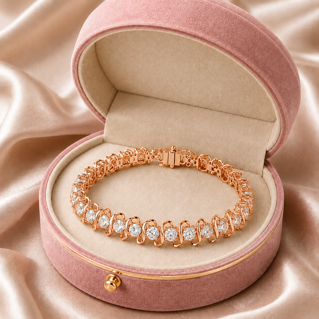 A rose gold tennis bracelet with clear round-cut gemstones, presented inside an open dusty pink velvet jewelry box on a draped satin fabric background.