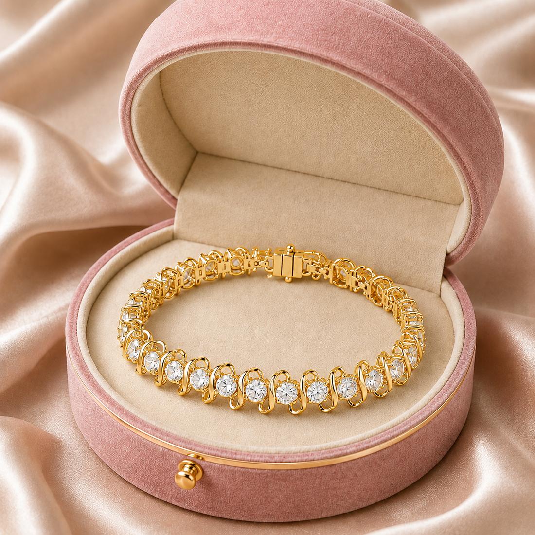 A gold tennis bracelet with clear round-cut gemstones, presented inside an open round dusty pink velvet jewelry box on a draped champagne satin fabric background.