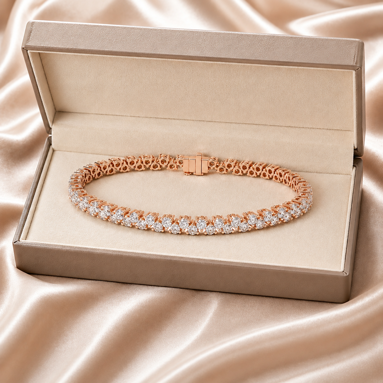A rose gold tennis bracelet with pavé-set clear stones, displayed inside an open champagne-colored jewelry box on a satin fabric background.