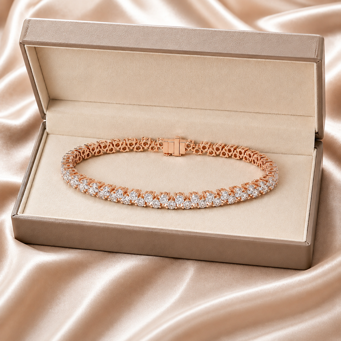 A rose gold tennis bracelet with pavé-set clear stones, displayed inside an open champagne-colored jewelry box on a satin fabric background.