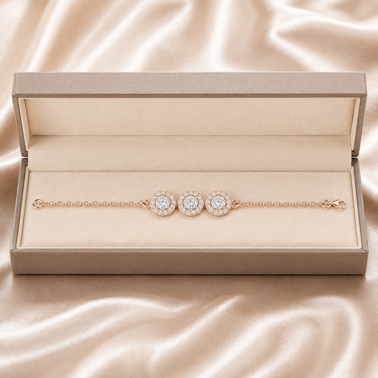 A rose gold chain bracelet with three round halo diamond pendants, presented in an open champagne-colored jewelry box on a draped satin fabric background.