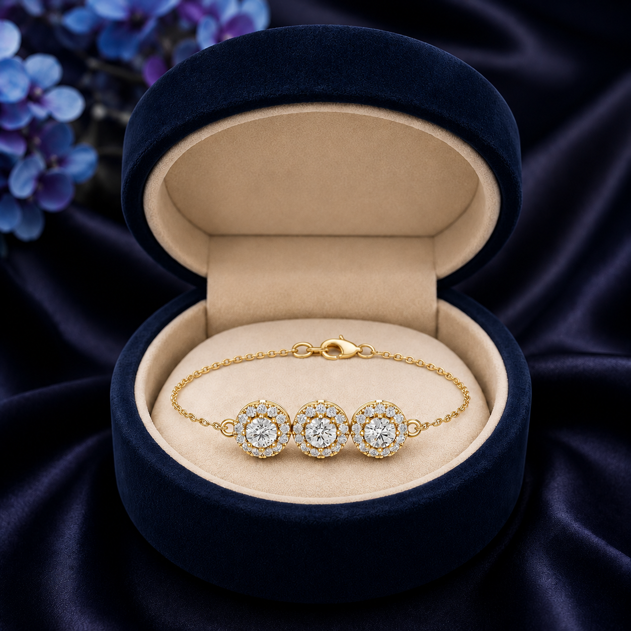 A gold chain bracelet with three round halo clusters of clear stones, displayed inside an open navy velvet jewelry box on a dark satin fabric background.