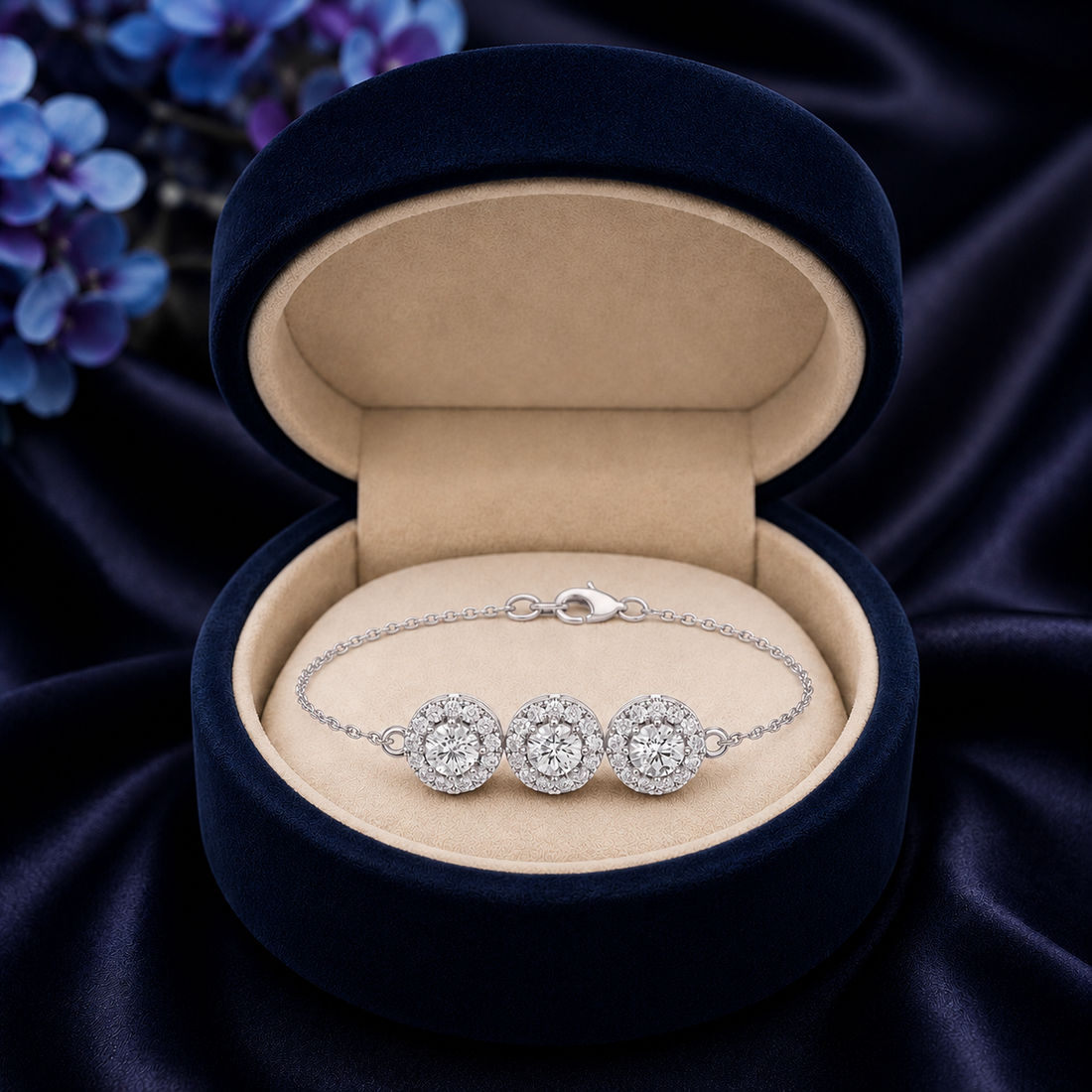A silver chain bracelet with three round halo clusters of clear stones, displayed inside an open navy blue velvet jewelry box with a beige interior, set against a dark navy fabric background with blurred blue flowers.