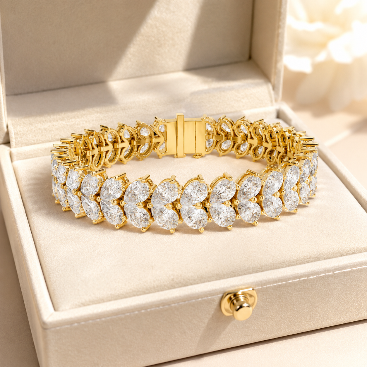 A gold tennis bracelet with marquise-cut clear stones, displayed inside an open cream-colored jewelry box.