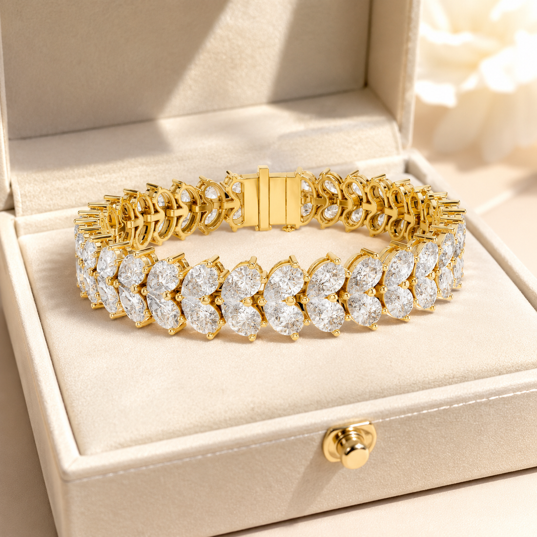 A gold tennis bracelet with marquise-cut clear stones, displayed inside an open cream-colored jewelry box.