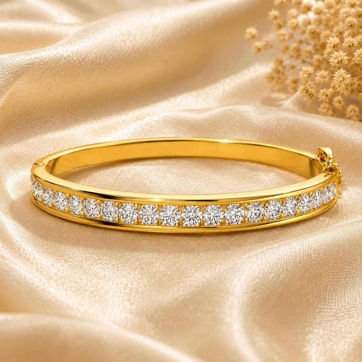 A polished yellow gold hinged bangle bracelet featuring a row of sparkling clear pavé gemstones along the front. The bracelet is displayed on a draped beige satin fabric background with dried baby's breath flowers in the upper right corner.