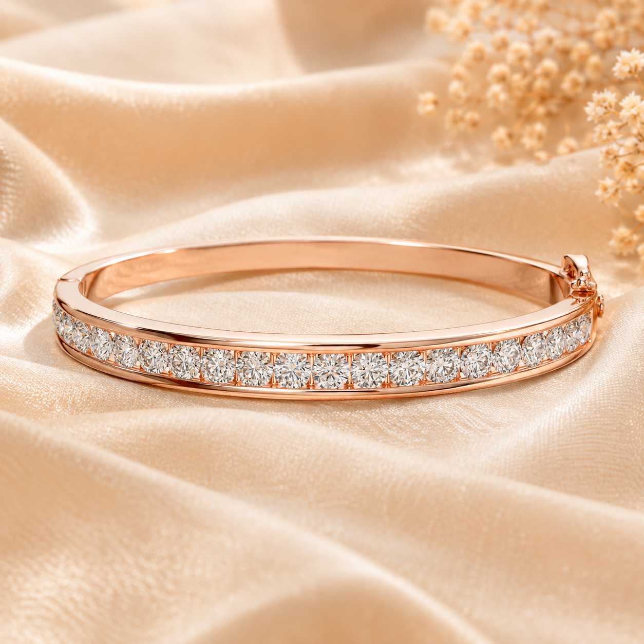 A rose gold bangle bracelet with a channel-set row of clear stones, displayed on draped champagne-colored satin fabric with dried floral accents.