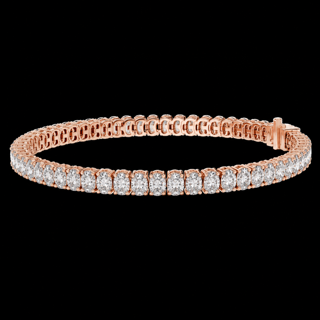 A rose gold tennis bracelet with a continuous line of round-cut diamonds, displayed against a solid black background.