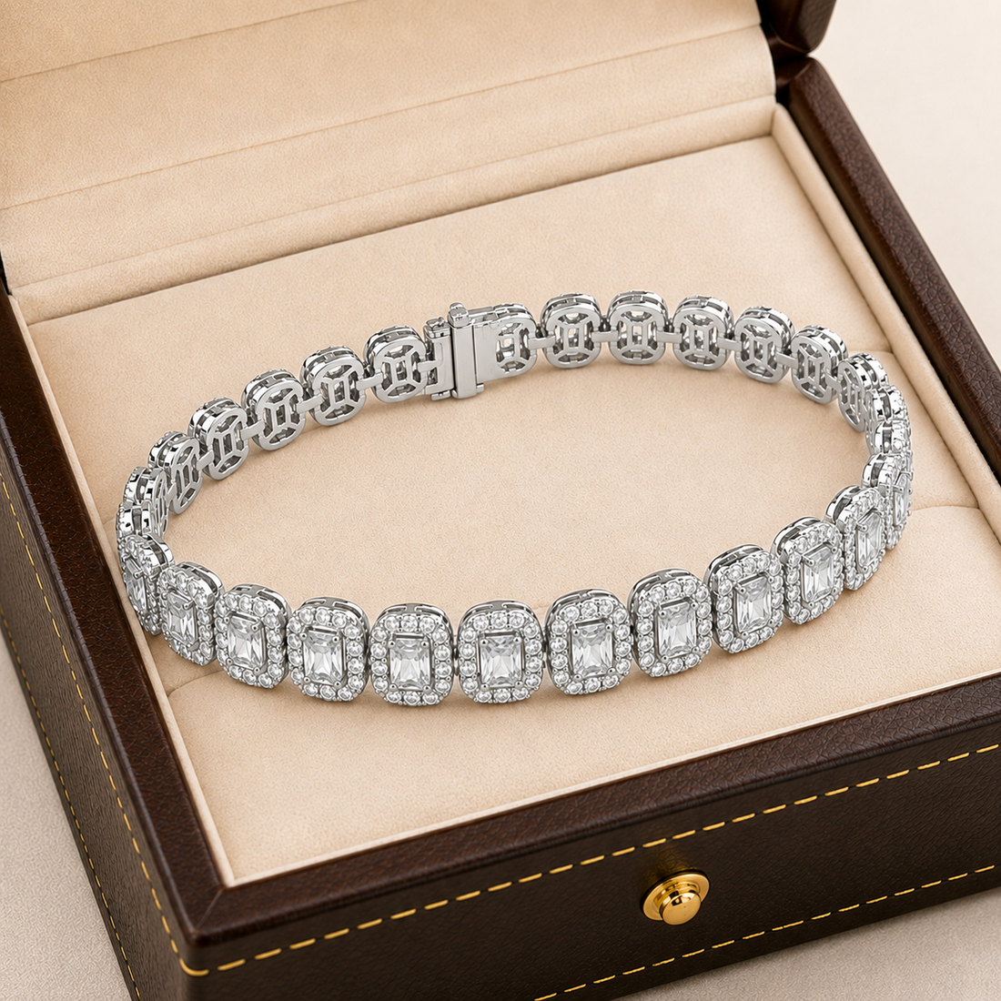 Elegant Silver radiant halo bracelet in 14K and 18K gold with brilliant diamond sparkle by Kiashaa Jewellery