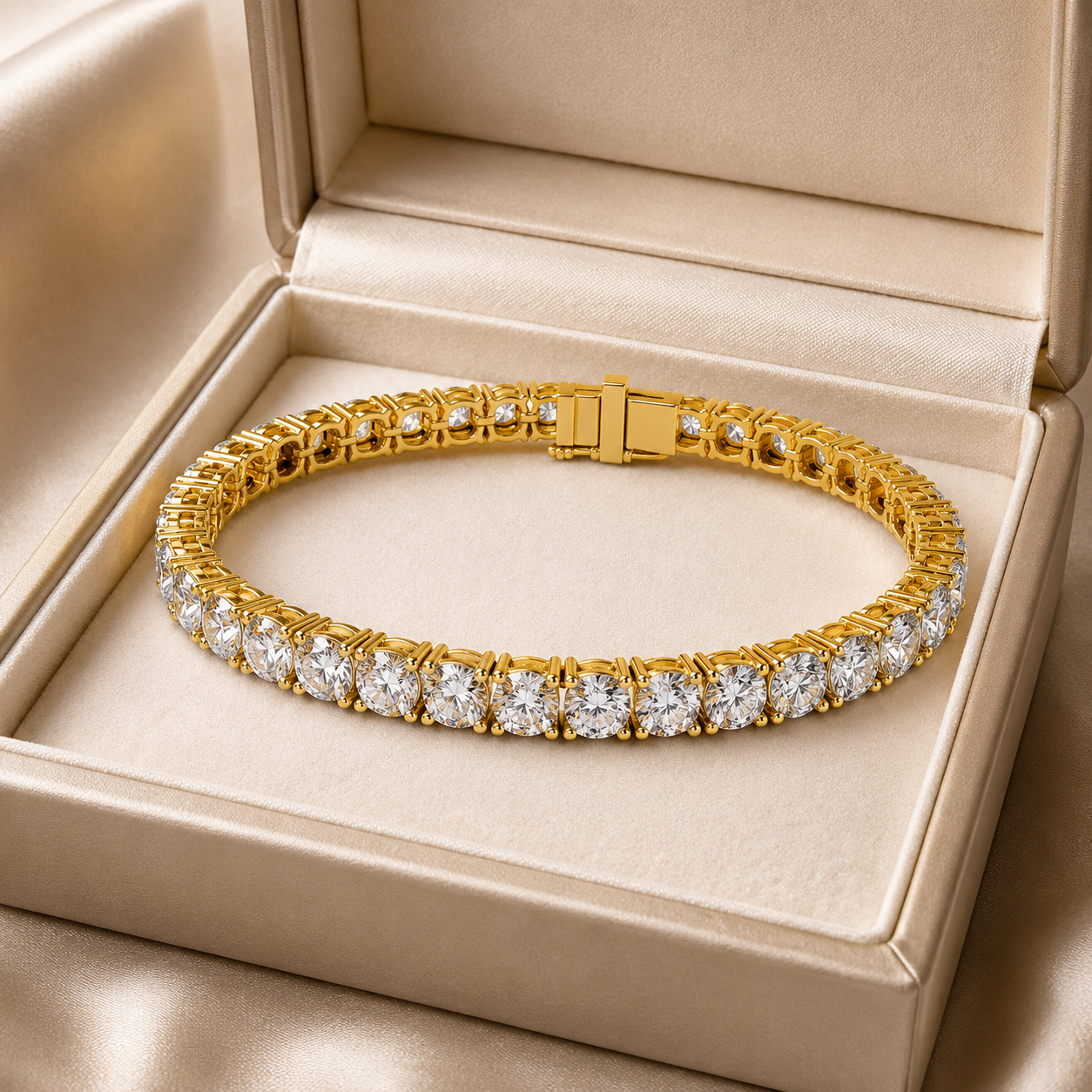 A gold tennis bracelet set with round clear gemstones, displayed inside an open beige satin jewelry box.