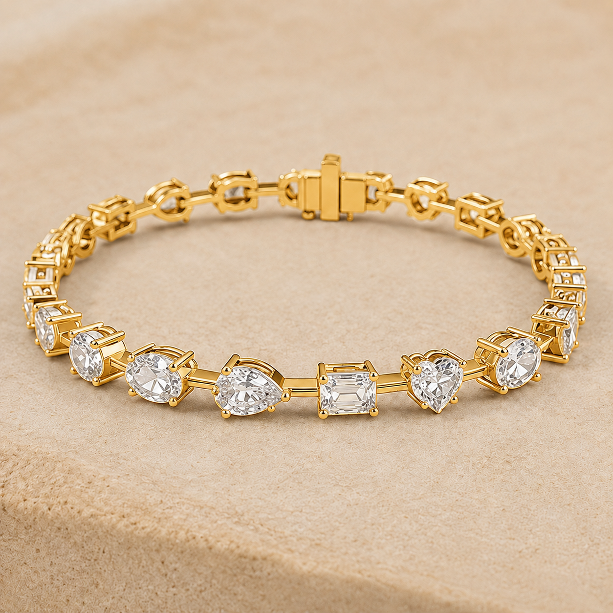 A gold tennis bracelet featuring clear gemstones in pear, emerald, and heart shapes, displayed on a textured beige surface.