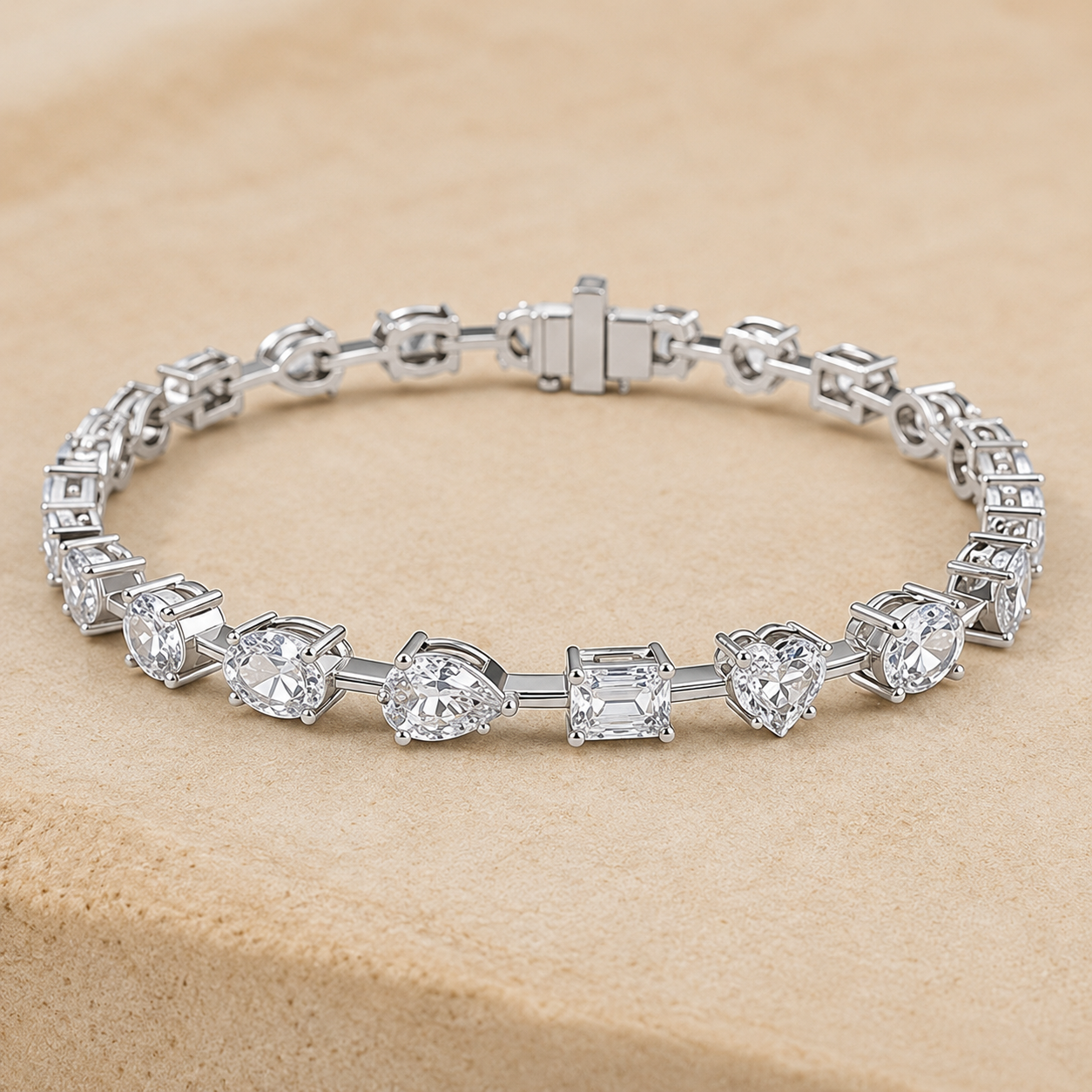 A silver tennis bracelet with clear gemstones, including emerald-cut and round-cut stones, displayed on a textured beige surface.