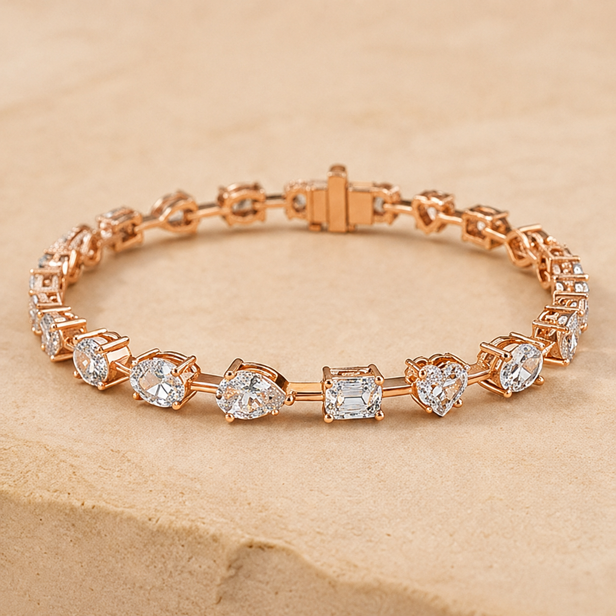 A rose gold tennis bracelet with clear gemstones in heart, marquise, and emerald shapes, displayed on a textured beige stone surface.