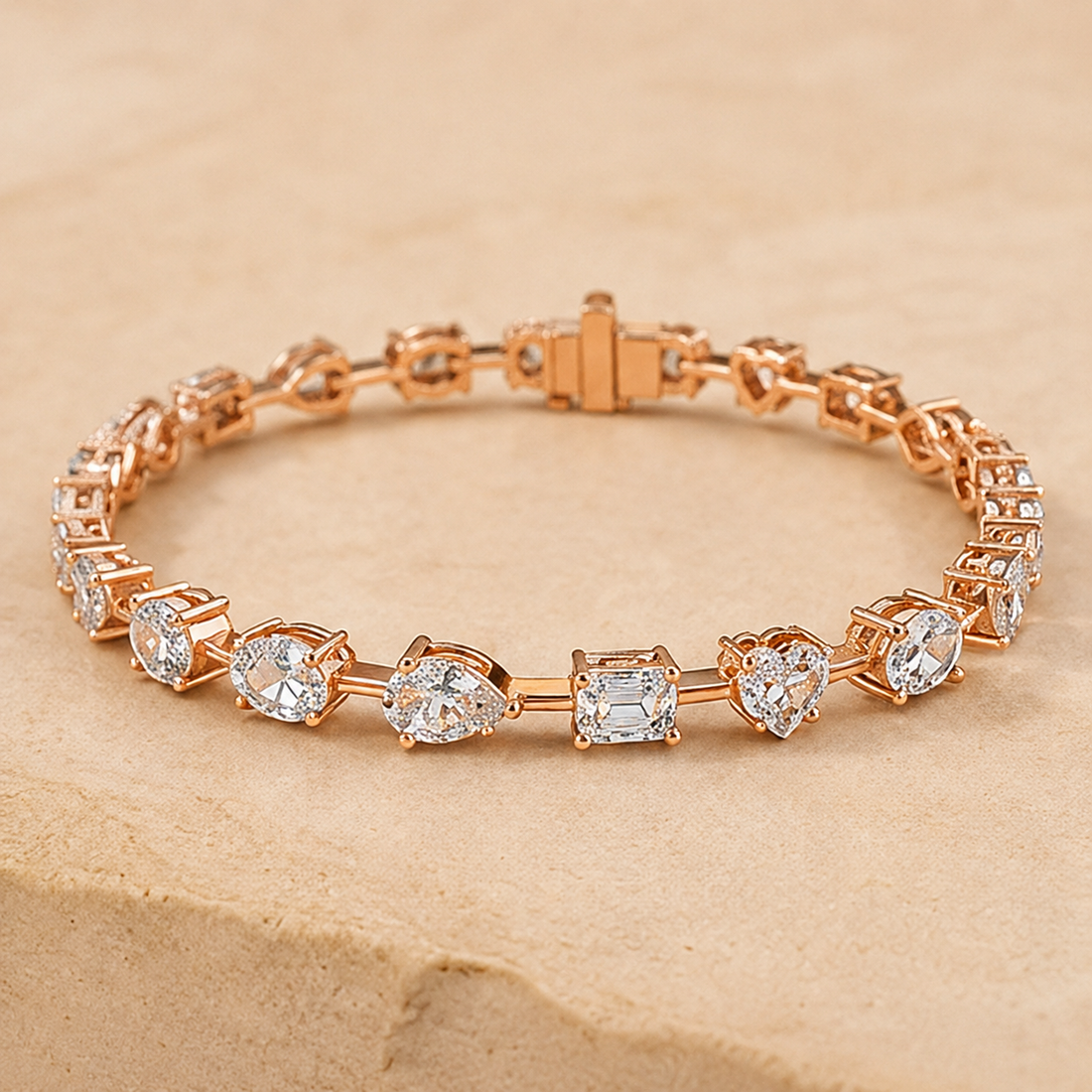 A rose gold tennis bracelet with clear gemstones in heart, marquise, and emerald shapes, displayed on a textured beige stone surface.