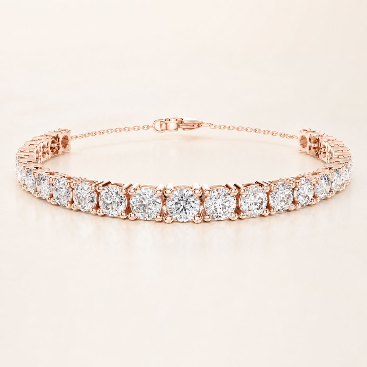 A rose gold tennis bracelet featuring round brilliant-cut diamonds in a classic prong setting, displayed on a clean, light beige background.