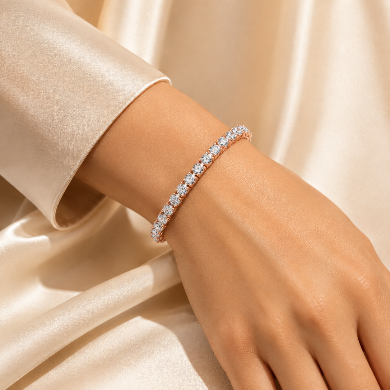 A close-up of a delicate tennis bracelet with clear stones set in a rose gold-toned band, worn on a model's wrist against a soft beige satin background.