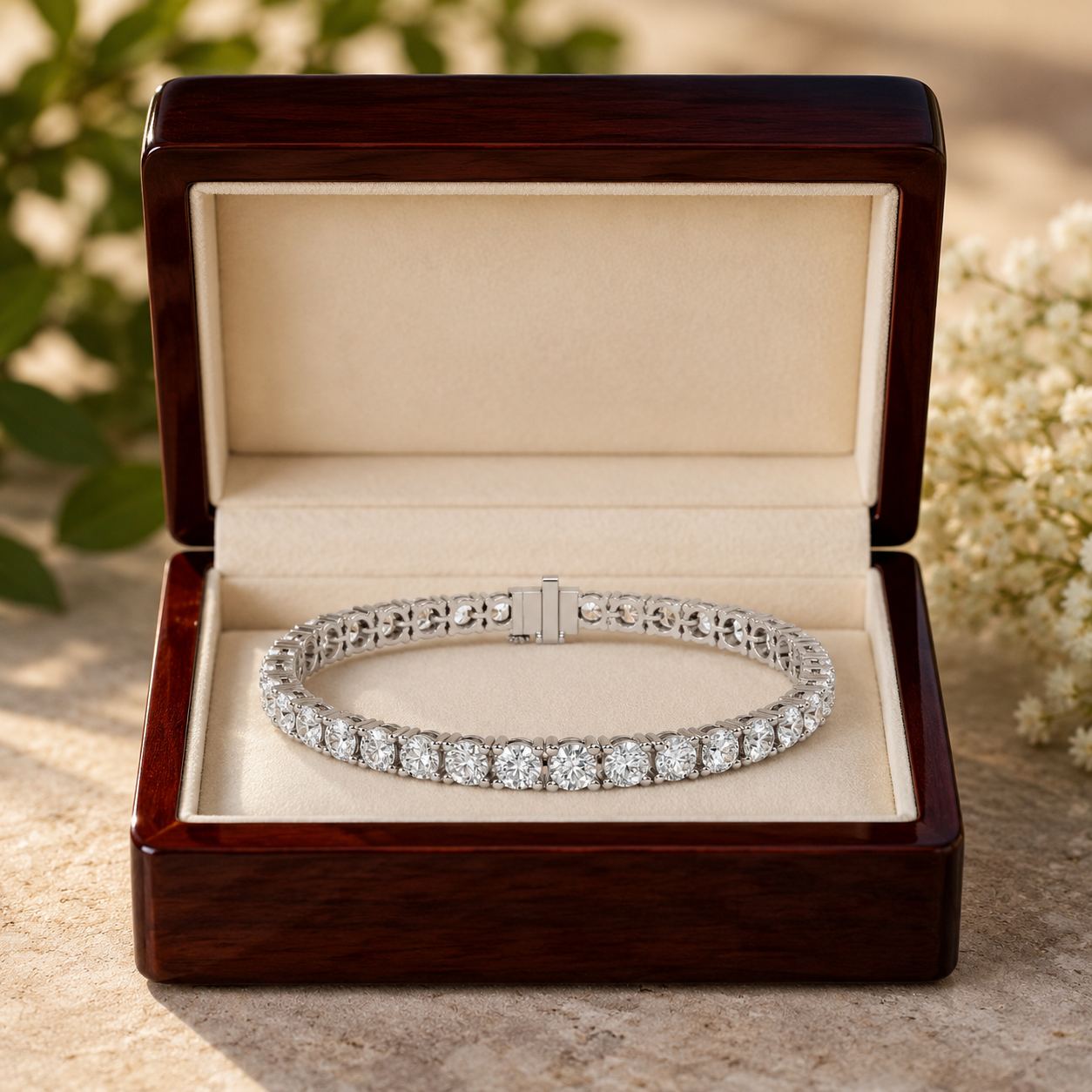 A silver tennis bracelet with round-cut clear stones, displayed inside an open dark wood jewelry box with a beige velvet lining, set against a soft-focus background of green leaves and white flowers.