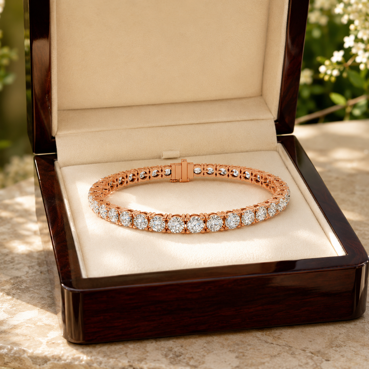 A rose gold tennis bracelet with round-cut diamonds, presented inside an open dark wood jewelry box with a beige velvet lining.