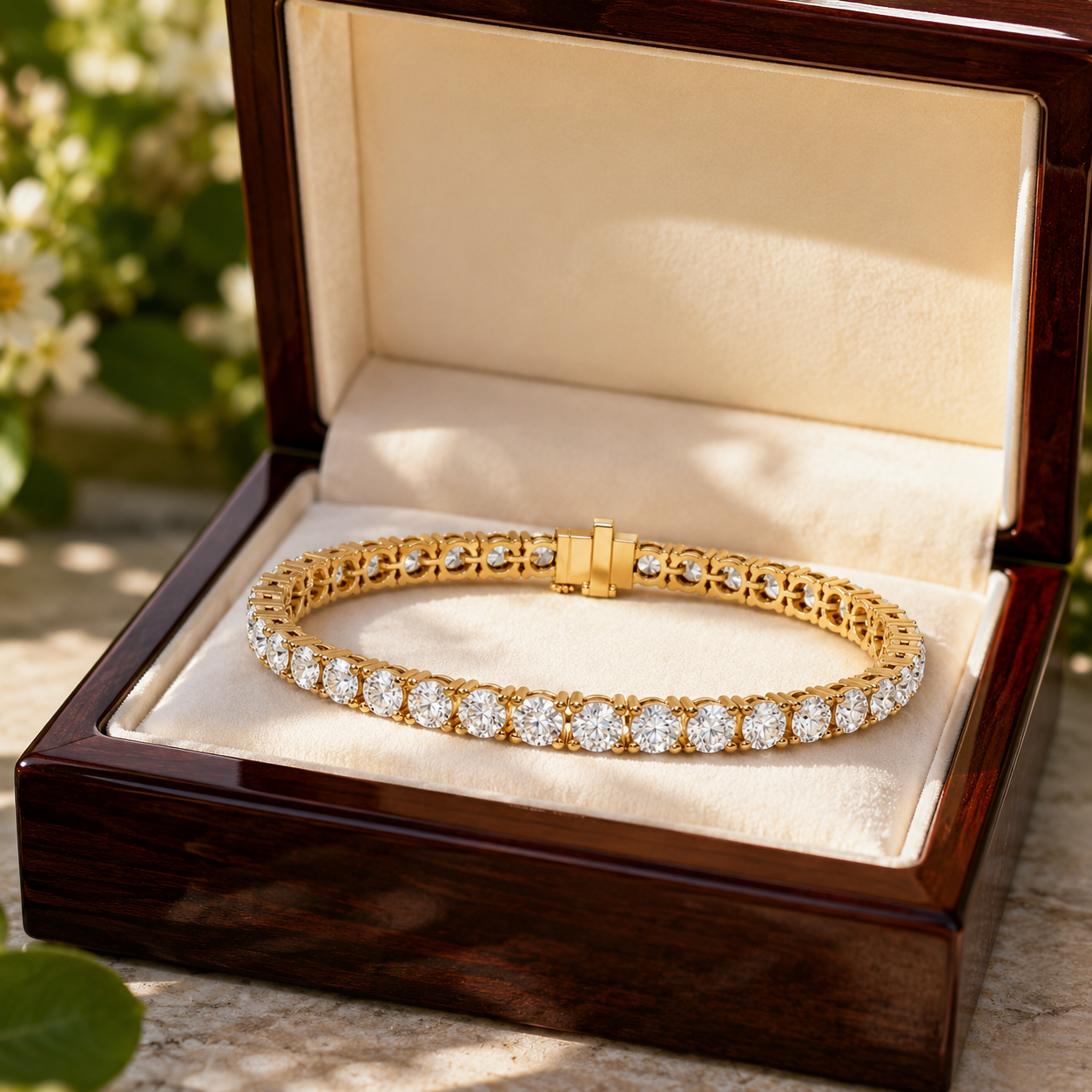 A gold tennis bracelet with clear pavé-set stones displayed inside an open dark wood presentation box with a cream velvet lining.