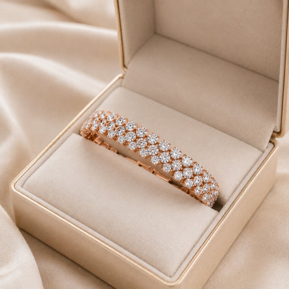 A rose gold eternity band with pavé-set clear stones, displayed inside an open beige jewelry box on a soft beige fabric background.