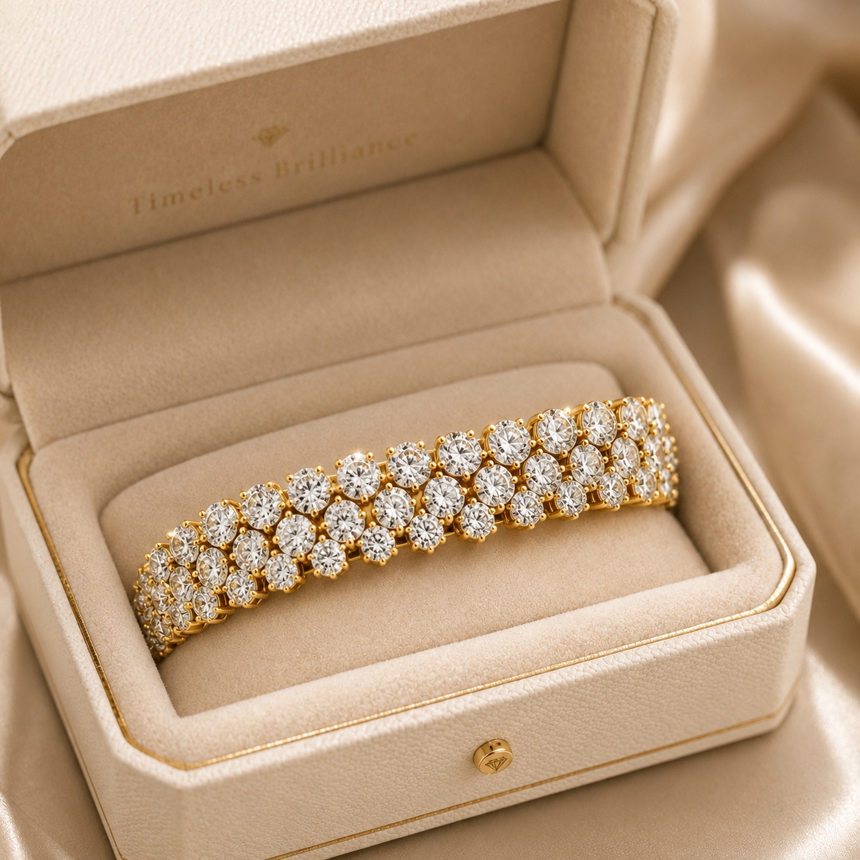 A gold tennis bracelet set with sparkling clear gemstones, presented inside an open beige jewelry box with the brand name 'Timeless Brilliance' visible on the inside lid.