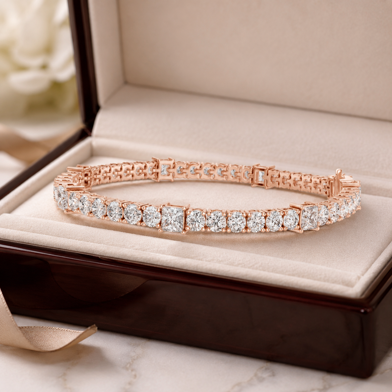 A rose gold tennis bracelet with round-cut clear stones, displayed inside an open cream-colored jewelry box.