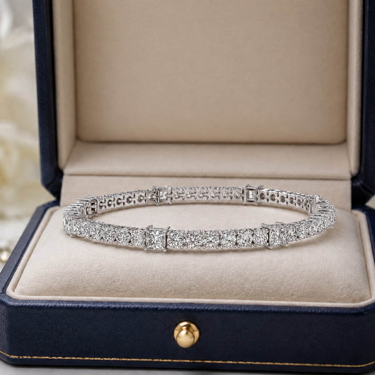A silver tennis bracelet with rectangular baguette-cut diamonds, displayed inside an open navy blue jewelry box with a beige velvet lining.