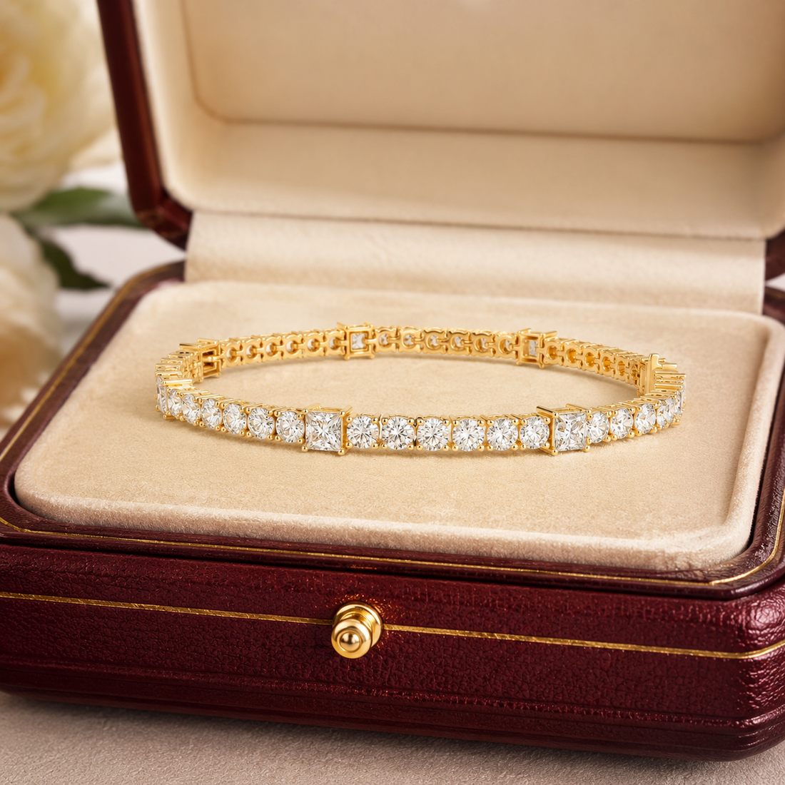 A gold tennis bracelet set with clear round gemstones, displayed inside an open dark brown leather jewelry box with a beige velvet interior.