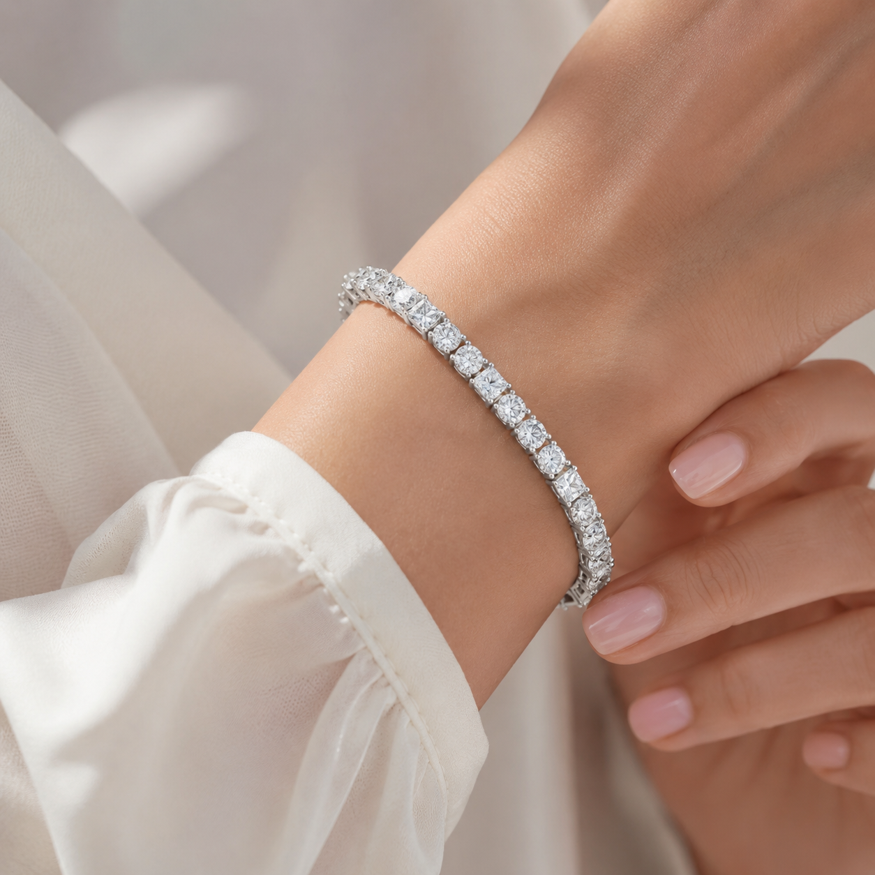 A close-up of a diamond tennis bracelet worn on a woman's wrist, styled with a white long-sleeve blouse.