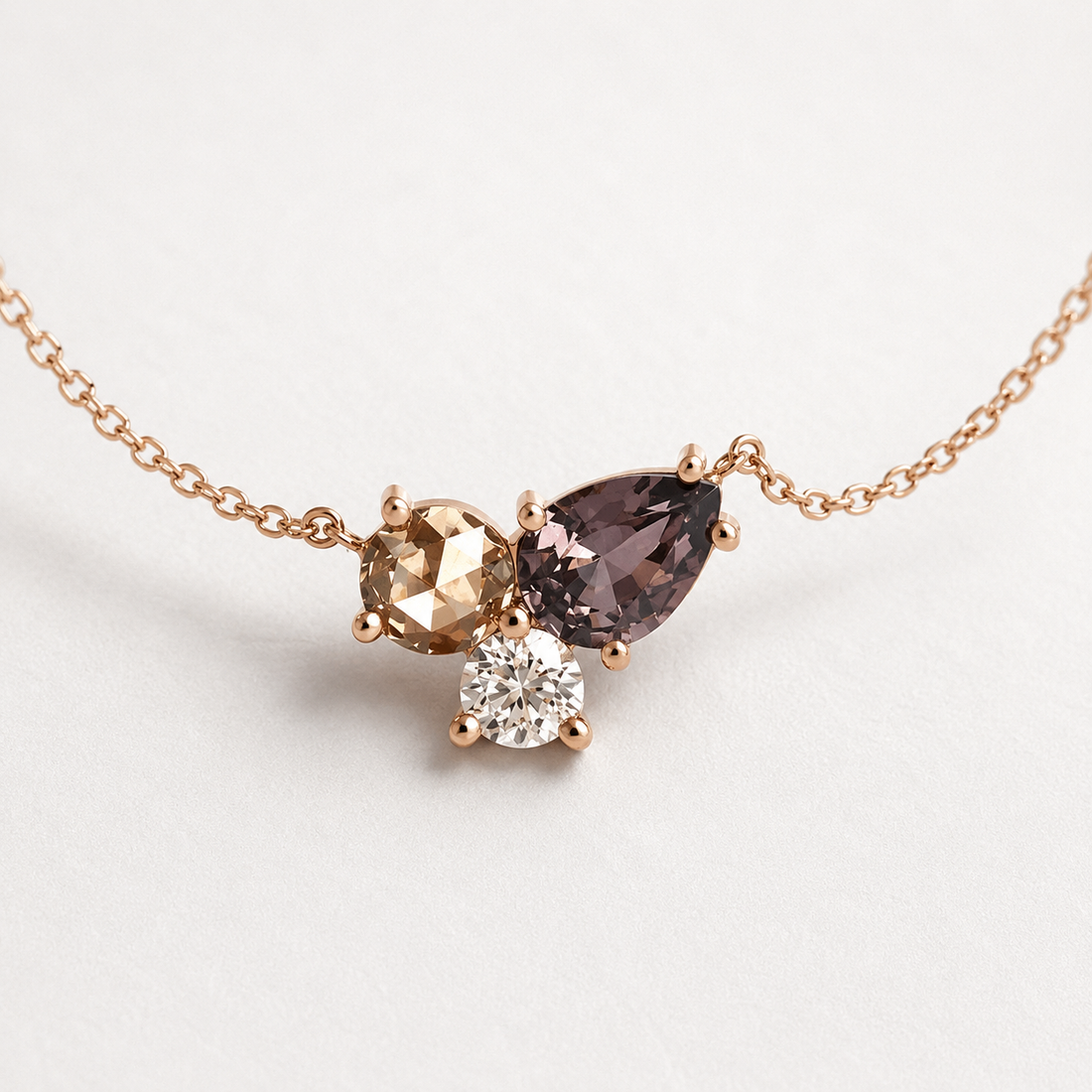 Close-up view of a 1.4 CT lab-grown diamond cluster pendant in polished white gold by Kiashaa Jewellery