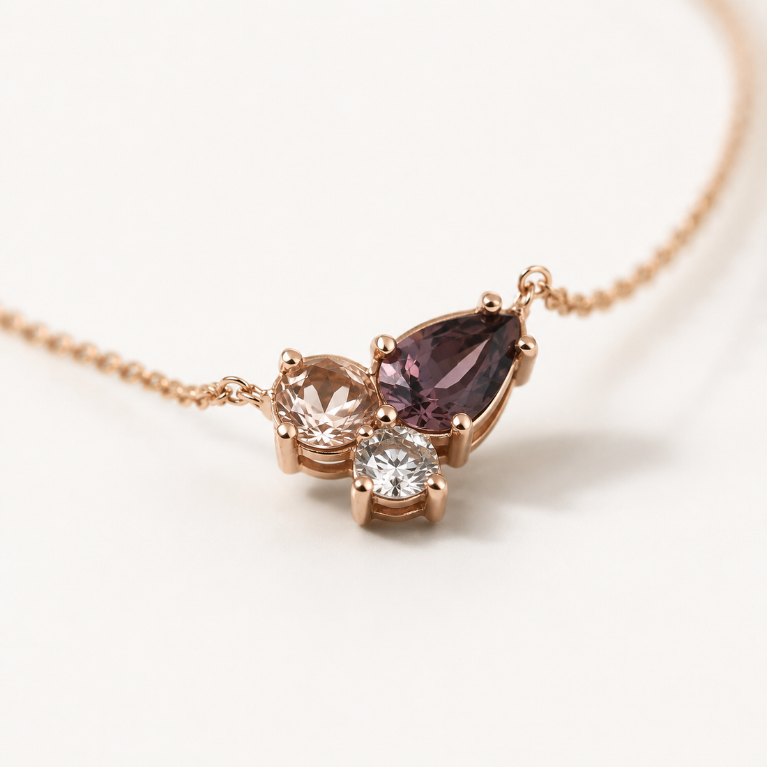 Three-stone lab-grown diamond cluster pendant in polished white gold, crafted in a modern design by Kiashaa Jewellery